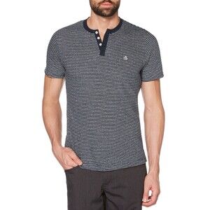 Men's PENGUIN Navy Blue White Striped Henley Shirt XXL Short Sleeve Preppy